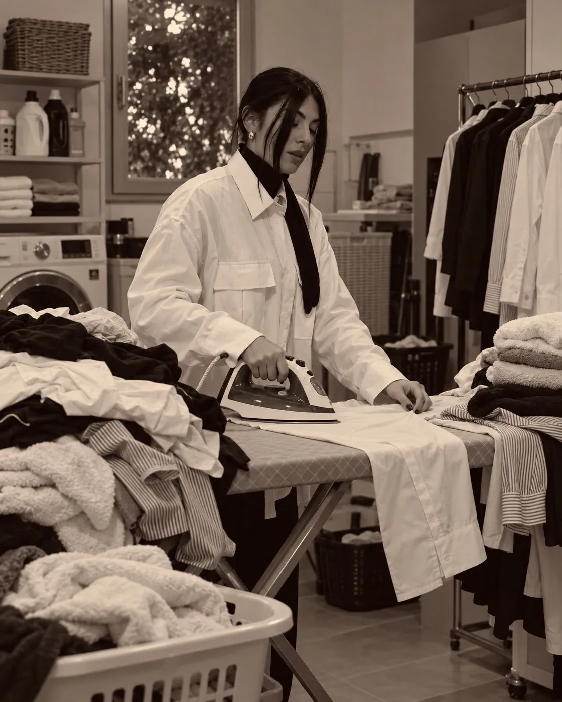 Donna che stira una camicia bianca circondata da capi da lavare